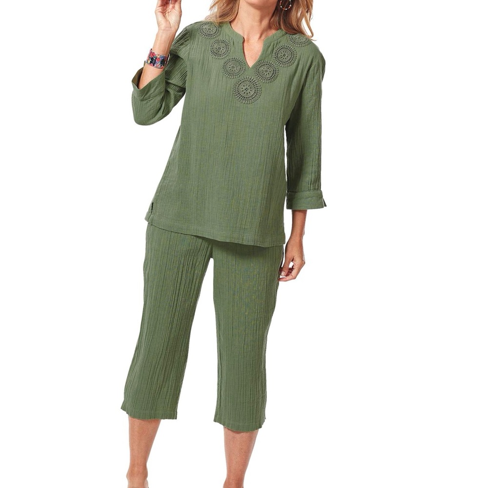 Serengeti Women’s Plus Size Two Piece Gauze Cotton Sage Green Set